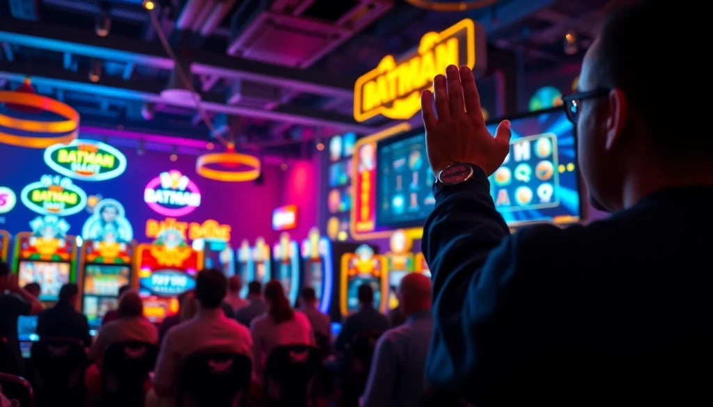 Menampilkan pemain yang merayakan kemenangan di batman138 slot dengan mesin slot yang menyala.