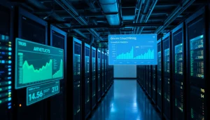 Visual representation of bitcoin cloud mining facility with modern rigs and digital analytics.