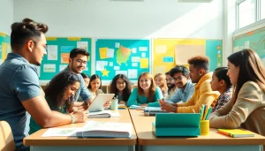 Engage with Education in a vibrant classroom scene illustrating collaborative learning.