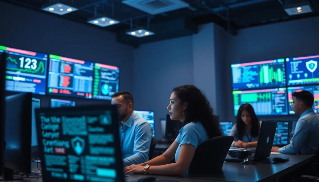 Managed Cybersecurity Tampa team monitoring threats at a modern operations center.