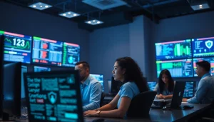 Managed Cybersecurity Tampa team monitoring threats at a modern operations center.