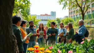 A vibrant group discussing sustainability at https://www.unsustainablemagazine.com in an urban park, surrounded by greenery.