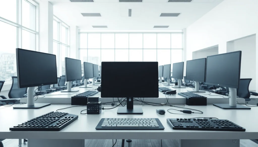 Typing center with modern equipment in a bright office space, showcasing productivity and comfort.