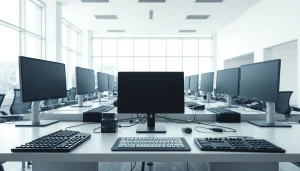 Typing center with modern equipment in a bright office space, showcasing productivity and comfort.