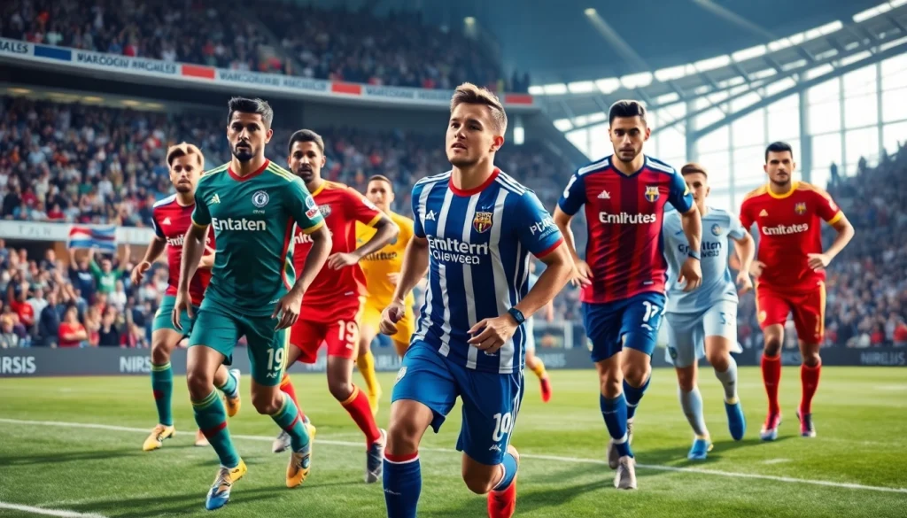 Showcasing dynamic team football kits on athletes during a match with vibrant colors and logos.