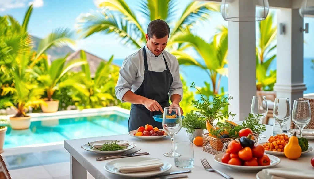 St Martin Private Chef showcasing culinary skills in an elegant outdoor dining setting.