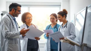 Engaging healthcare professionals discussing Health strategies in a clinical environment.