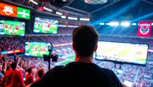 스포츠중계를 관람하는 팬과 고화질 경기 화면이 있는 참여적인 장면