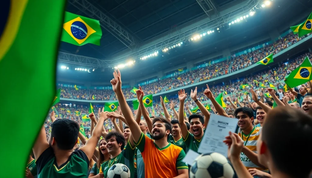 Engaging fans in sports betting Brazil celebrating with colorful flags and sports equipment.
