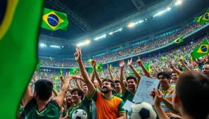 Engaging fans in sports betting Brazil celebrating with colorful flags and sports equipment.