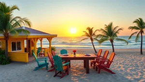 Relaxing coastal cabana on a beach with palm trees and sunset views.