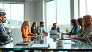 Engaged professionals discussing small business jobs in a bright office setting.