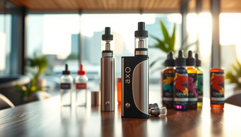 Oxva Vape Gerät mit modernem Design und verschiedenen E-Liquids im Hintergrund.