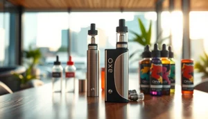 Oxva Vape Gerät mit modernem Design und verschiedenen E-Liquids im Hintergrund.