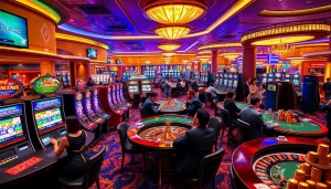 Casino gaming scene featuring KJC brand elements, showcasing vibrant tables and exciting players.
