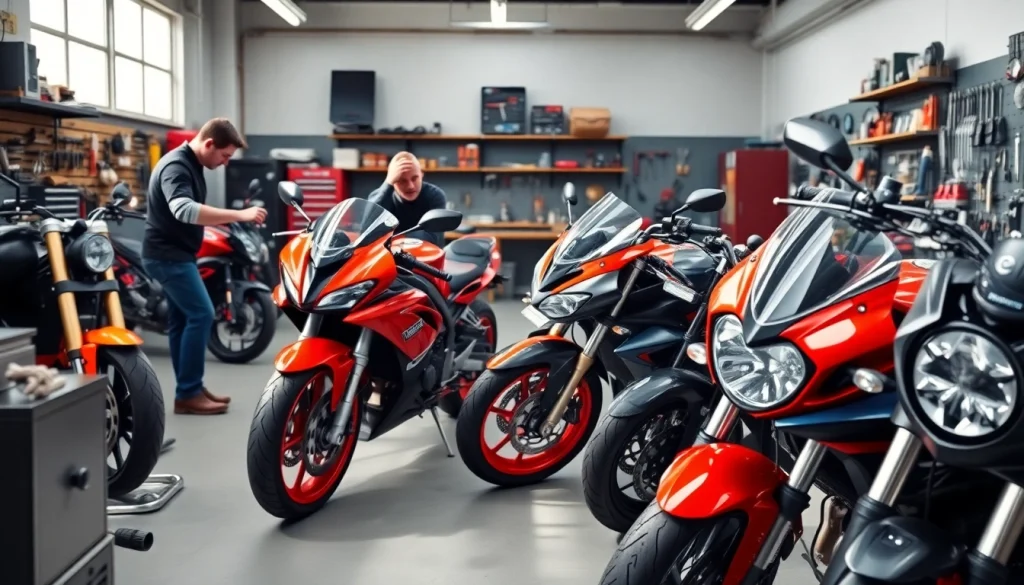 In der motorrad werkstatt wird ein Mechaniker an einem Motorrad gearbeitet, um zuverlässigen Service zu bieten.