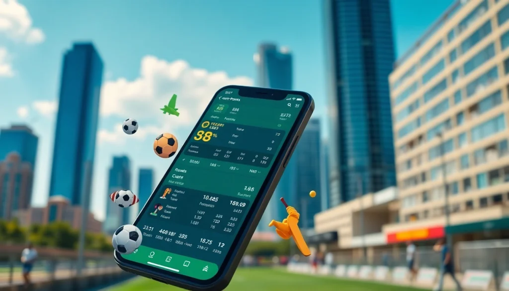 Engaging view of best sports betting apps India showcased on a smartphone against a vibrant city backdrop.