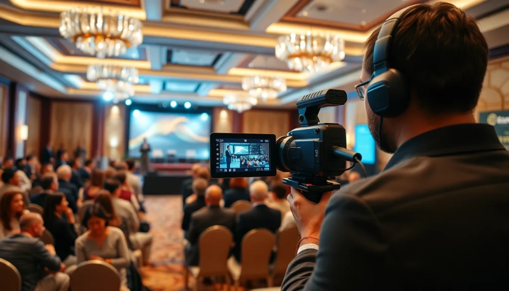 Documenting a lively corporate event videography in an elegant conference setting.