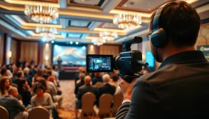 Documenting a lively corporate event videography in an elegant conference setting.