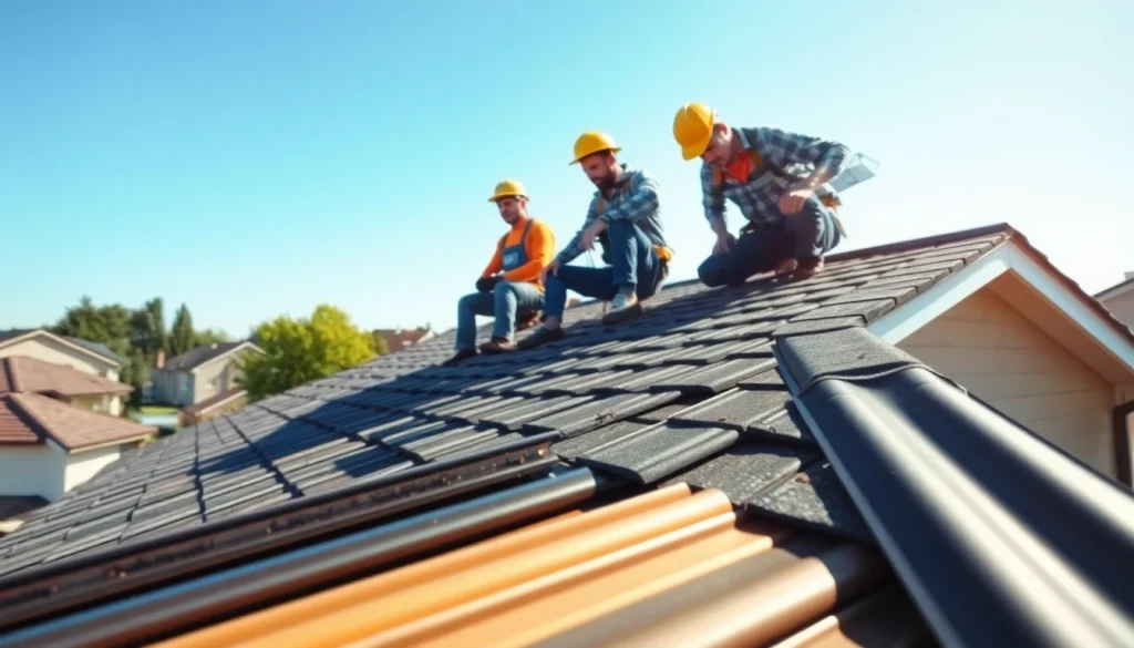 Installers providing high-quality roofing solutions on a sunny residential property, illustrating craftsmanship.