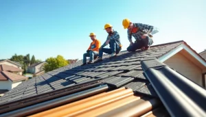 Installers providing high-quality roofing solutions on a sunny residential property, illustrating craftsmanship.