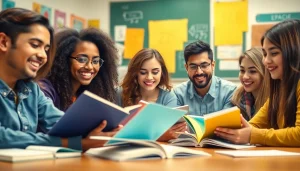 Students engaging in collaborative learning in an Education setting with books and devices.