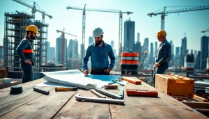 Manhattan Commercial General Contractor supervises a construction site, showcasing teamwork and urban development.