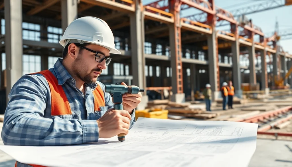 Engaged New Jersey General Contractor evaluating a project site with detailed blueprints in hand.