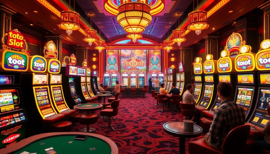 Mesin Toto Slot menyala di sebuah kasino mewah, menampilkan pemain yang energik dan aksi permainan.