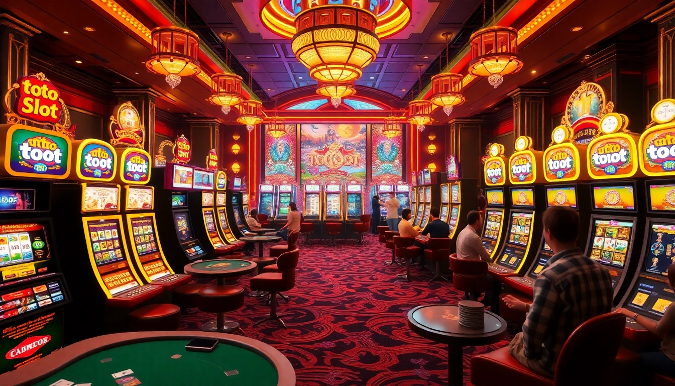 Mesin Toto Slot menyala di sebuah kasino mewah, menampilkan pemain yang energik dan aksi permainan.