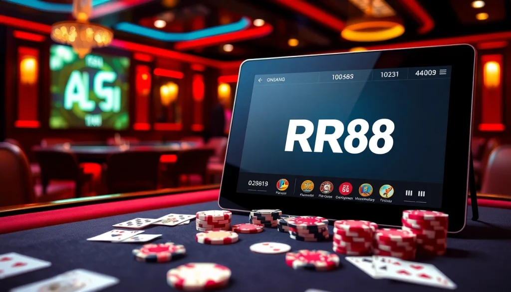 Engage in thrilling online gaming at https://rr88.wales/ with vibrant casino visuals featuring dazzling tables and chips.