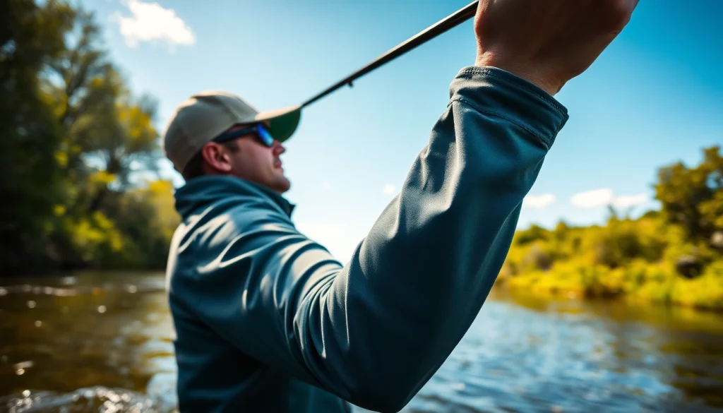 Angler showcasing high-quality fly fishing apparel in a natural setting during daylight.