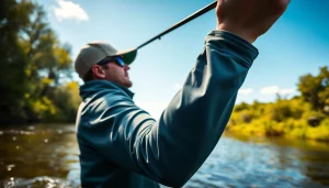 Angler showcasing high-quality fly fishing apparel in a natural setting during daylight.