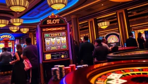 Players enjoying a thrilling toto slot experience at an upscale casino with vibrant decor.