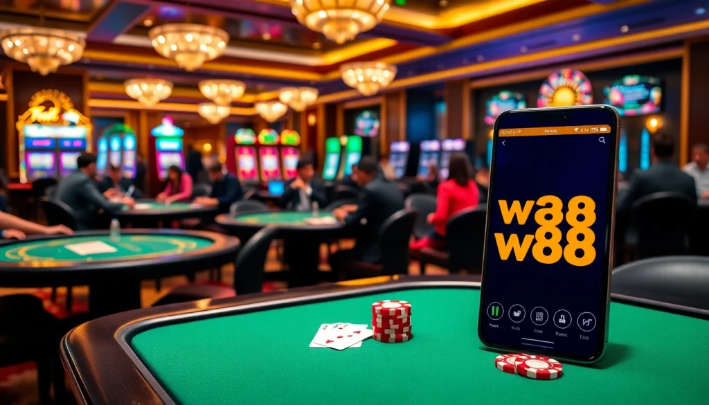 Exciting gaming scene featuring the link vao w88 app alongside casino tables and vibrant slot machines.