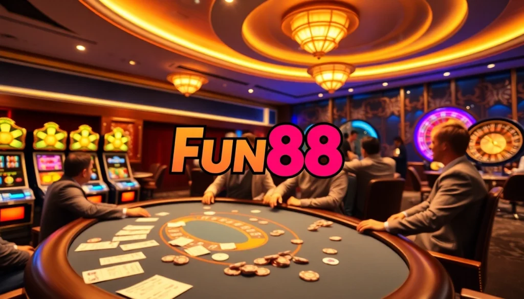 Players enjoying a lively poker game in a luxurious Fun88 casino setting.
