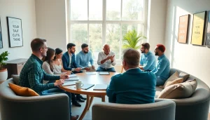 Engaging business coaching service session with a coach and entrepreneurs around a table.