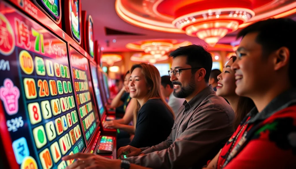 Mesin slot mahjong slot yang menarik di kasino dengan pemain antusias dan warna cerah.