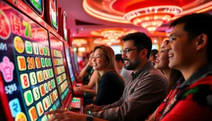 Mesin slot mahjong slot yang menarik di kasino dengan pemain antusias dan warna cerah.