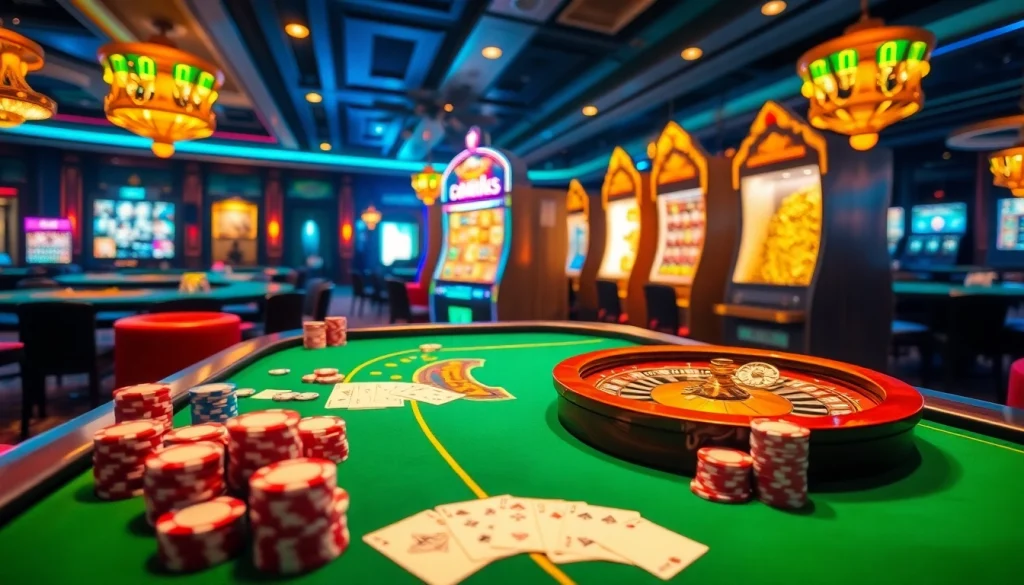Experience the thrill of gambling at King Arthur Cafe's stunning casino scene filled with vibrant tables and slot machines.