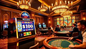Gamblers enjoying a vibrant casino environment while placing a slot bet 100.