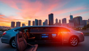 World Cup Group Transportation featuring a luxury limo in LA with festive decor and a stunning skyline backdrop.