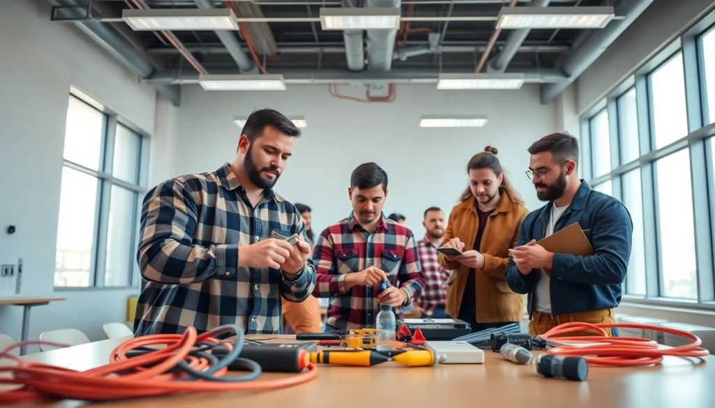 Students at an electrician trade school Colorado engaged in practical training tasks.