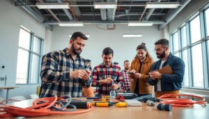 Students at an electrician trade school Colorado engaged in practical training tasks.