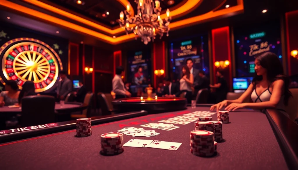Cảnh bàn poker hấp dẫn tại casino Tik 88, nổi bật với các chip và lá bài sống động.