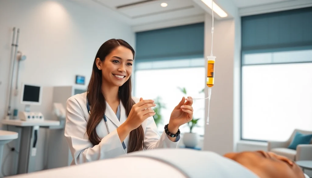 Healthcare professional administering IV Vitamin injections in a modern clinic.