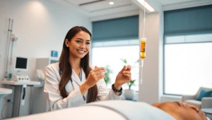 Healthcare professional administering IV Vitamin injections in a modern clinic.