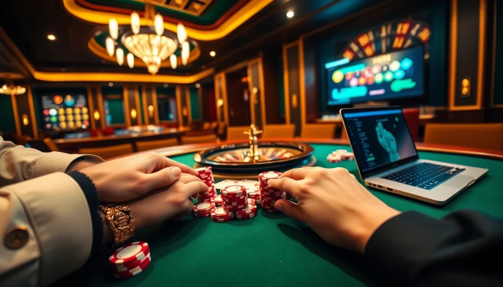 Nếu như vậy bám vào đây as players engage intensely at a lavish poker table in a vibrant casino setting.