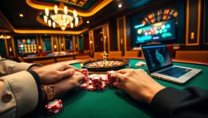 Nếu như vậy bám vào đây as players engage intensely at a lavish poker table in a vibrant casino setting.