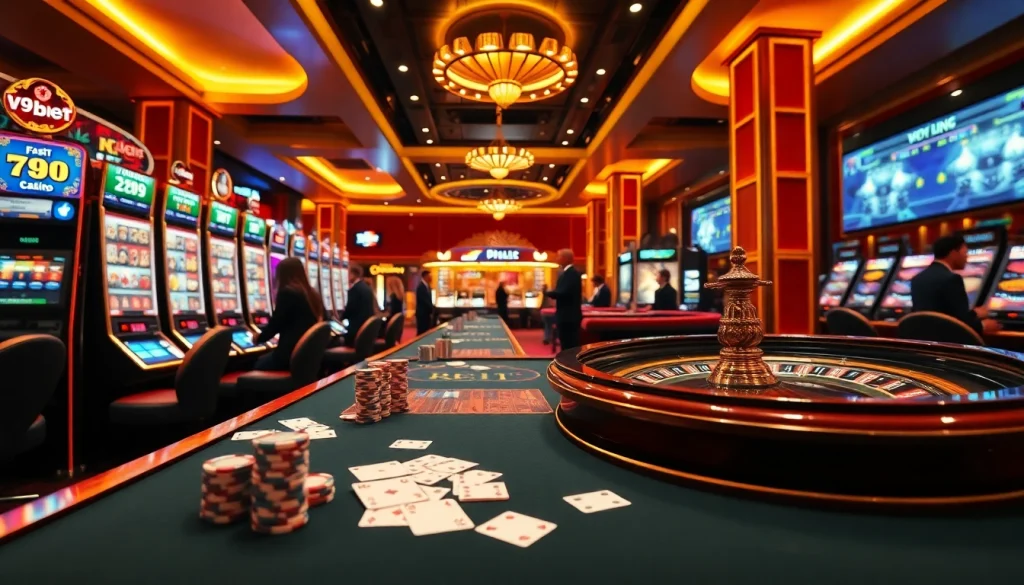 Exciting gaming action at V9 bet online casino, featuring engaged players at poker tables.